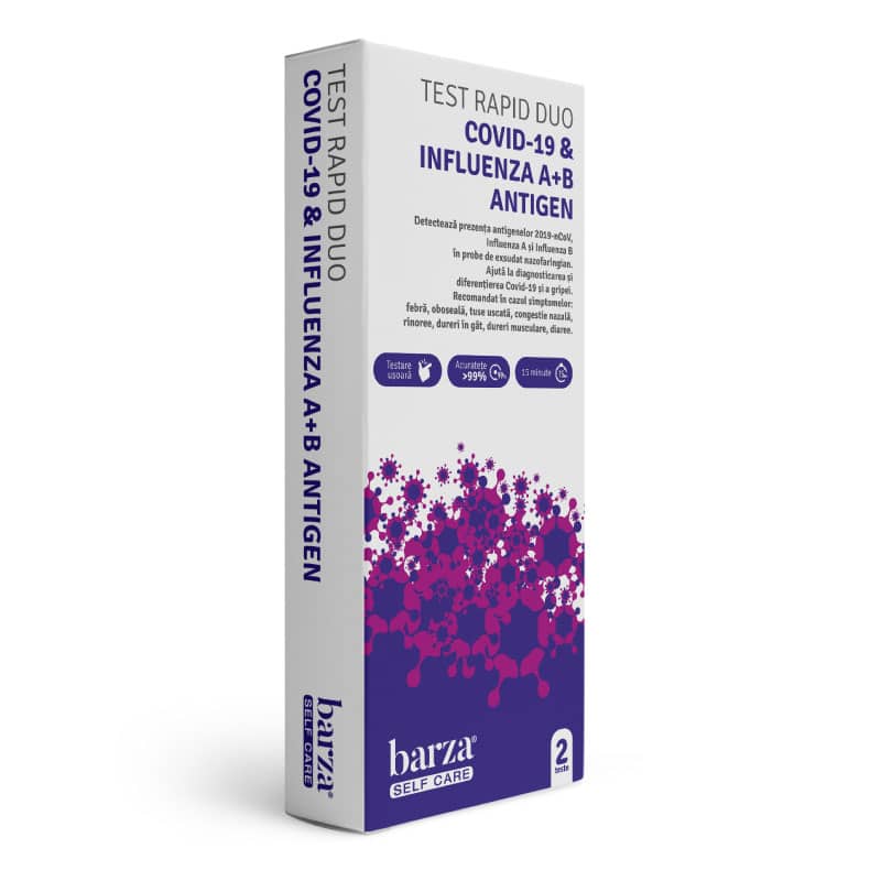 Set 2 Teste Rapide Duo Covid-19 și Influenza (Gripă) A+B (2 kituri/cutie), pentru autotestare